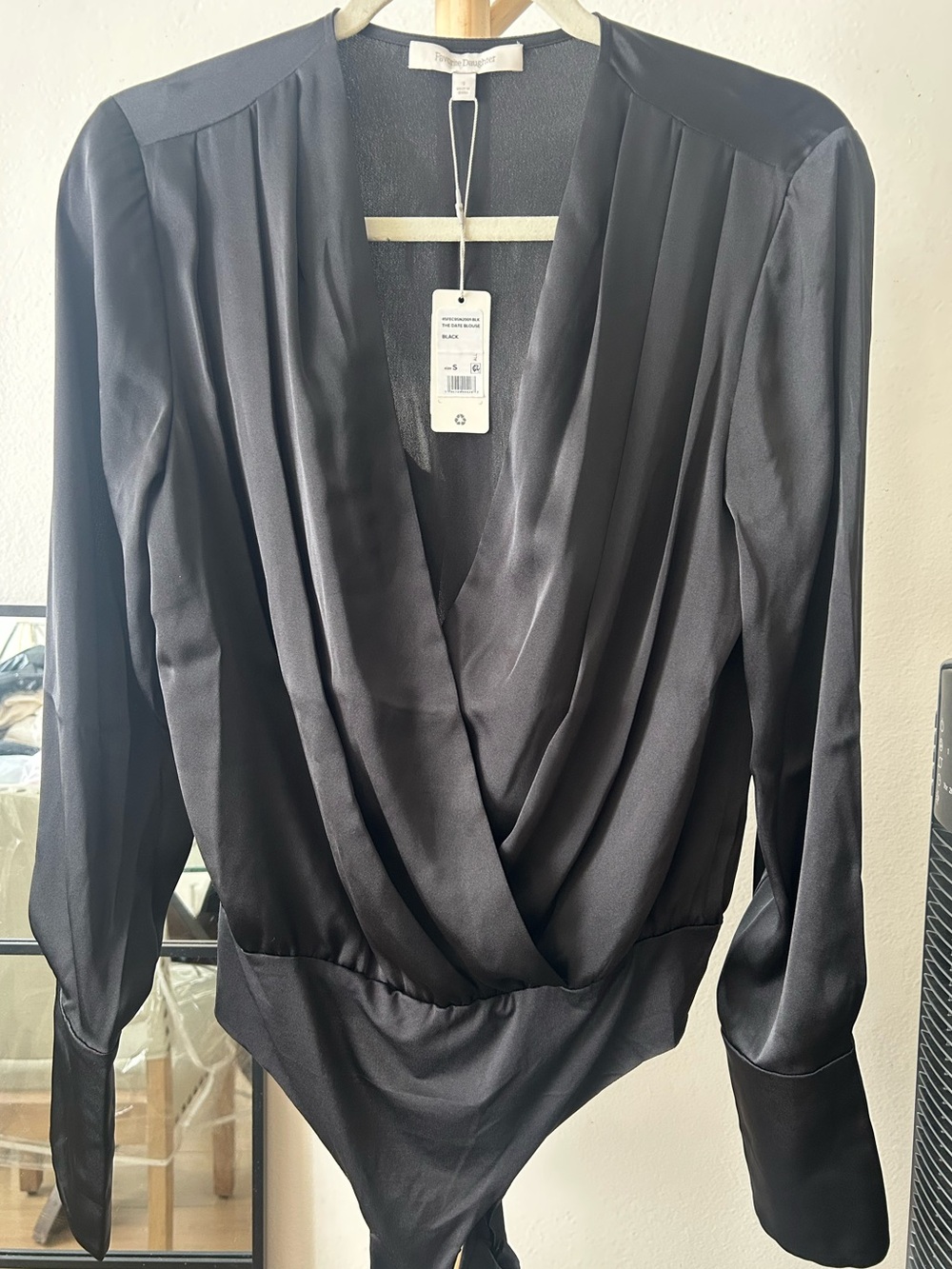Favorite Daughter Black Satin Draped V-Neck Long Sleeve Bodysuit Small